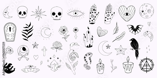 Collection of mystical and occult themed line art illustrations