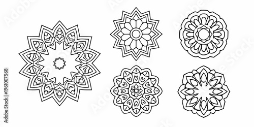 Collection of intricate black and white floral and geometric mandalas