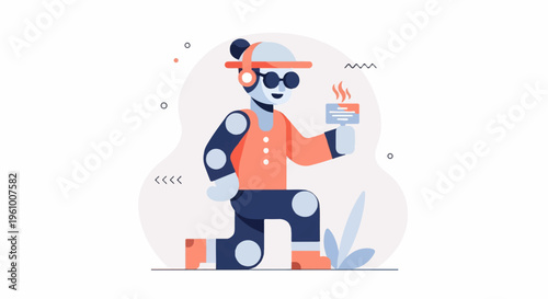 Anthropomorphic robot with headphones, sunglasses, and a hot drink