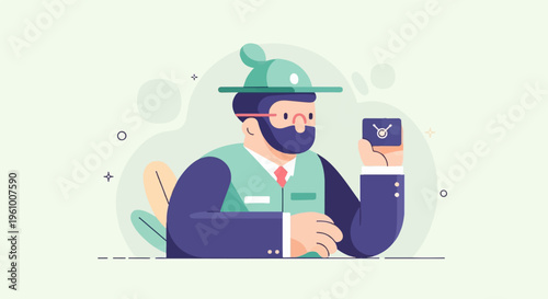 Bearded man in hat and suit holds up a card with a symbol