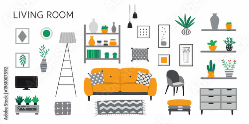 A colorful illustrated collection of modern living room furniture and decor