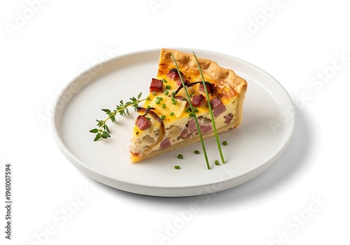 Delicious quiche Lorraine on a white plate garnished with fresh herbs on white background transparent background