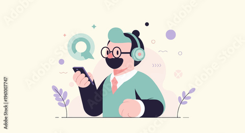 Animated person in headphones with glasses and tie looking at phone