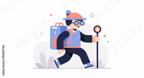 Cartoon traveler with backpack and walking stick on a sunny day