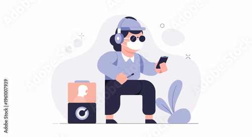 Flat illustration of a person with mask, headphones, holding a phone and pen