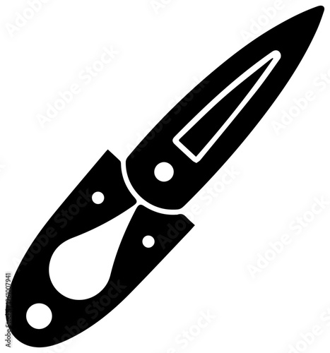 Sharp metallic oyster shucking knife with a pointed blade and ergonomic handle designed for opening shellfish presented as a clean black silhouette icon on a white background