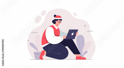 Flat illustration of a person working on a laptop in festive attire