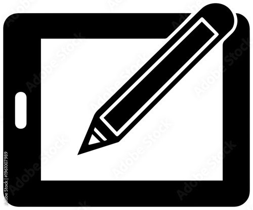 Black filled icon representing a digital drawing tablet with a stylus symbolizing digital art creation graphic design and electronic sketching on a clean white background