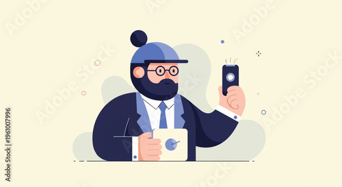 Bearded man in suit and cap taking a selfie with phone and tablet