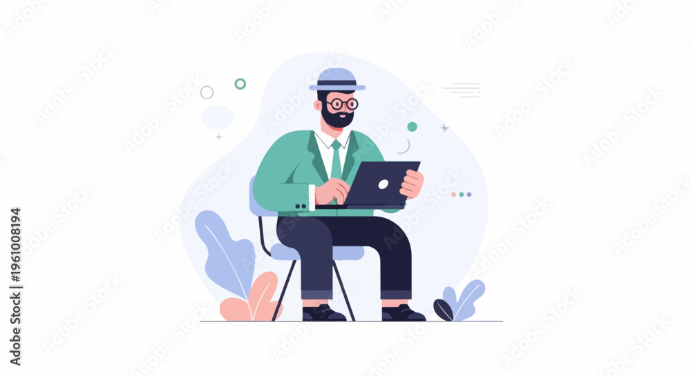 Fototapeta premium Flat illustration of a man with a beard, glasses, and hat using a laptop