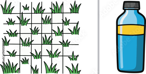 Green grass icons in a black grid pattern alongside a blue water bottle with a yellow label. Ideal for environmental themes, fitness tracking, lawn care maintenance, and hydration concepts.