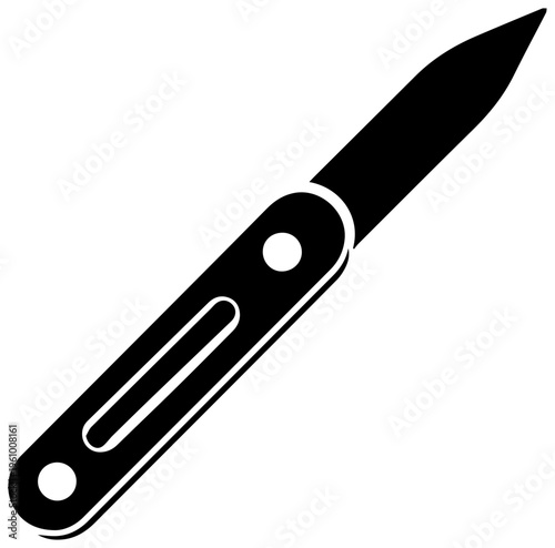 Sharp blade of a black filled icon representing a craft knife or box cutter isolated on a clean white background symbolizing precision cutting and utility tools for diy