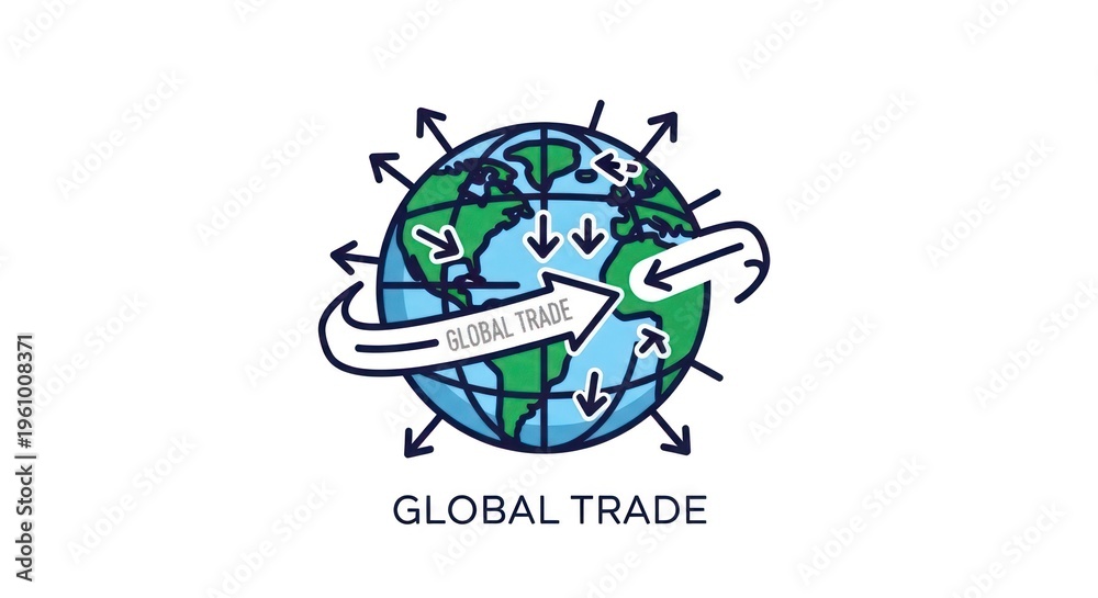 Fototapeta premium Illustration of global trade with arrows around the world, symbolizing international business and worldwide connection on a white background.