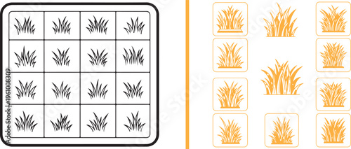Vector asset featuring stylized grass tufts. Left side shows a 4x4 grid of black line art sprouts; right side presents orange-colored botanical icons and larger textured clusters.