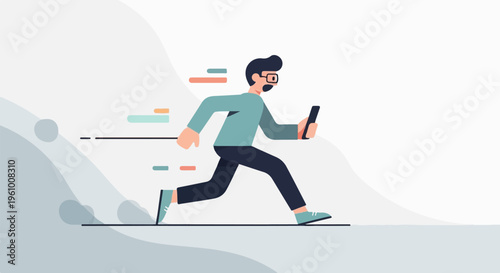Cartoon man in glasses running with phone, speed lines effect
