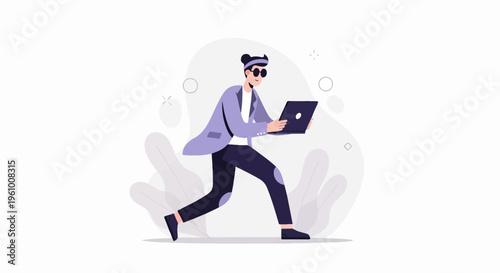 Digital nomad in motion, working on a laptop with stylish attire and background