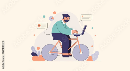 Minimalist illustration of a man on a bicycle working on a laptop