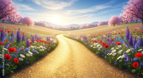 A serene dirt road winds through a vibrant field of colorful flowers and trees on transparent background