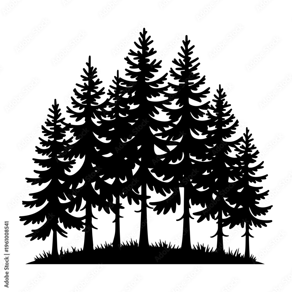 Obraz premium Pine Trees Silhouette Art Forest Nature Landscape Isolated On White Background, Forest vector silhouette, Pine Tree Silhouette Vector