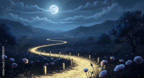A serene nighttime landscape with a winding road lit by soft lights leading through a field of flowers under a full moon on transparent background