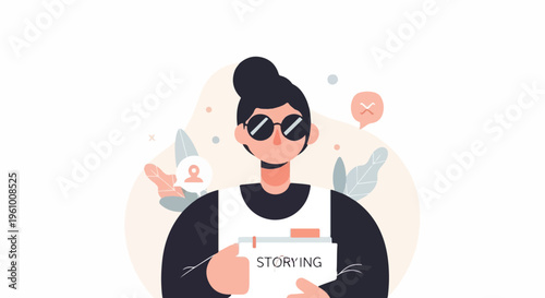 Person in sunglasses holding a file labeled "STORYING" surrounded by abstract shapes and leaves