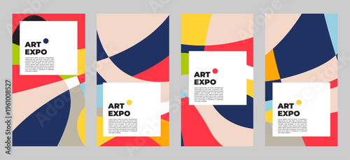 Set of four vertical banners for an art expo featuring bold, colorful abstract geometric shapes. Ideal for gallery announcements, event promotions, or social media templates with a modern minimalist a