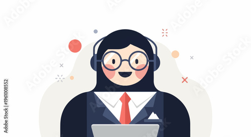 Friendly cartoon character in business attire wearing headphones and glasses