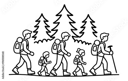 Family hiking in the forest line art vector, Camping line drawing vector illustration for coloring pages, Doodle hiking with family