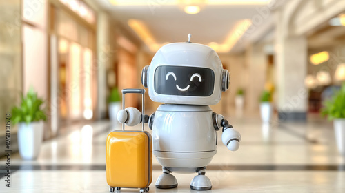 Friendly robot carrying yellow suitcase in modern hotel lobby  