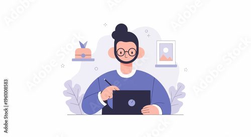 Flat design illustration of a man with glasses and beard, drawing on a tablet
