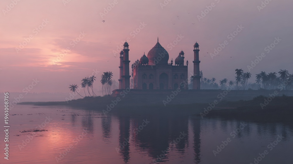 Naklejka premium Majestic architectural structure reflecting on water under a dusky sky at dawn