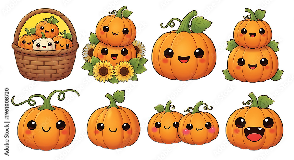 Fototapeta premium Cute orange pumpkins isolated on a transparent background