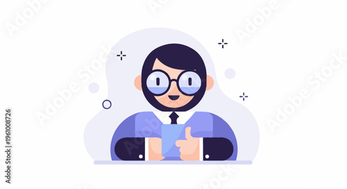 Enthusiastic person in a suit, holding a phone and giving a thumbs up