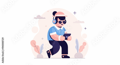 Person wearing headphones and hat plays on a tablet surrounded by plants