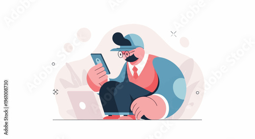 Man in cap, vest, tie using phone near laptop