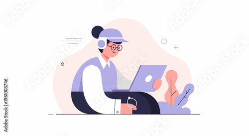 Person wearing headphones works on laptop with plants nearby