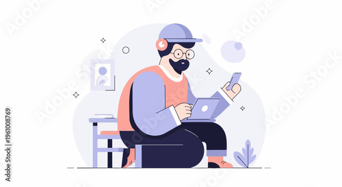 Person with beard, glasses, cap and headphones uses laptop and phone