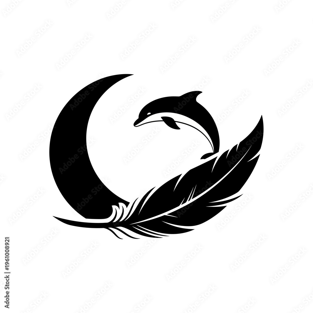 Fototapeta premium Dolphin leaping from water inside crescent moon with a feather in black and white