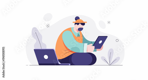 Person with laptop and tablet, abstract background