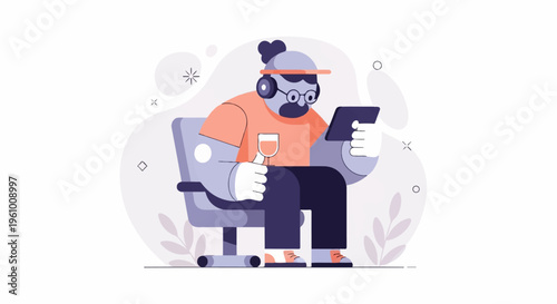 Relaxed person with headphones and drink gazes at tablet