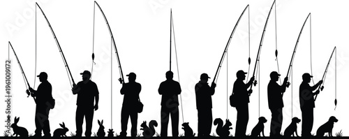 Fisherman silhouettes set with fishing rods, rabbits, squirrels, and dogs isolated on white background, outdoor hobby nature vector illustration collection.