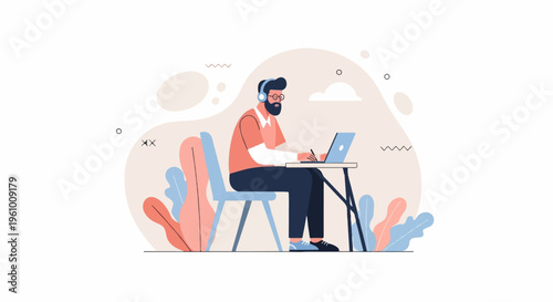 Man with headphones at desk using laptop, surrounded by abstract shapes and plants