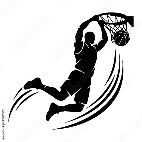 Power Basketball Dunk Silhouette – Dynamic Athlete Jump Shot Action, High Impact Sports Vector Isolated on White