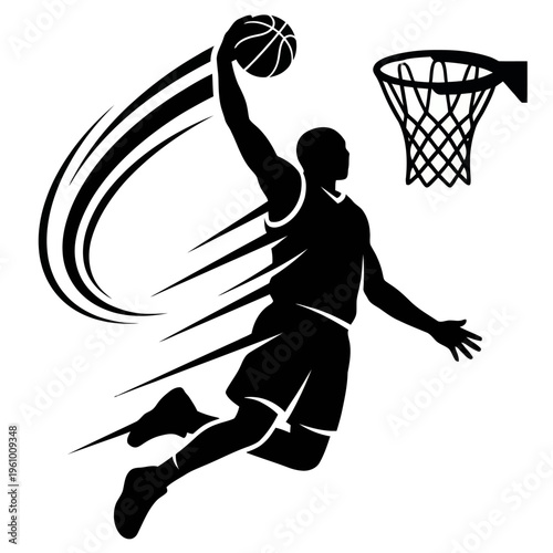 Power Basketball Dunk Silhouette – Dynamic Athlete Jump Shot Action, High Impact Sports Vector Isolated on White