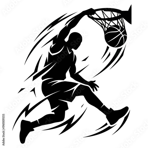 Power Basketball Dunk Silhouette – Dynamic Athlete Jump Shot Action, High Impact Sports Vector Isolated on White