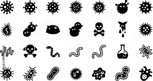 Silhouette set of vector illustrations of simple shapes of various virus icons and pictograms