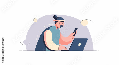 Person with glasses and bun working on laptop and phone