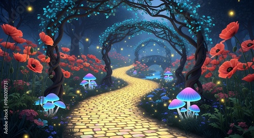 A magical yellow brick road winds through a fantastical garden filled with vibrant red poppies and glowing mushrooms on transparent background