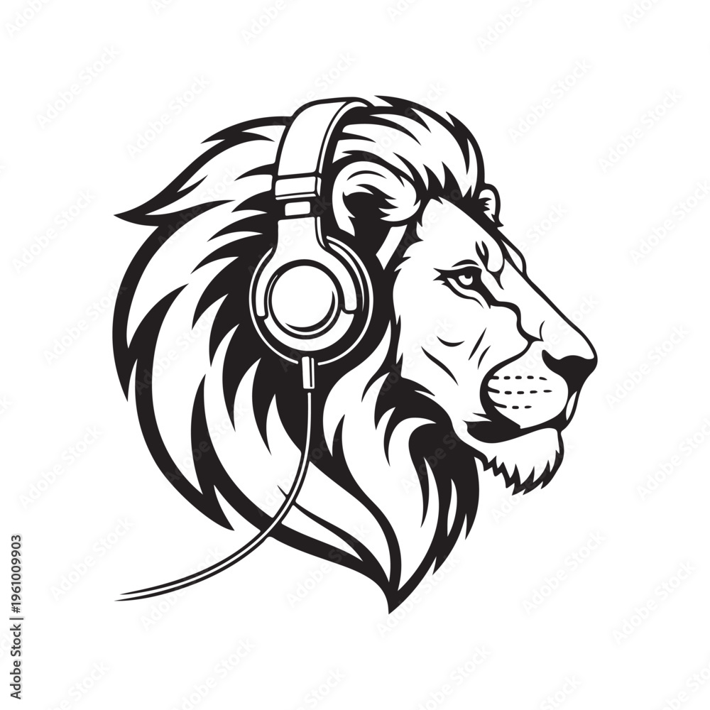 Fototapeta premium Stylish Minimalist Lion with Headphones Vector Illustration