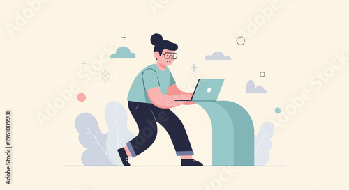 A person with glasses types on a laptop amidst abstract shapes